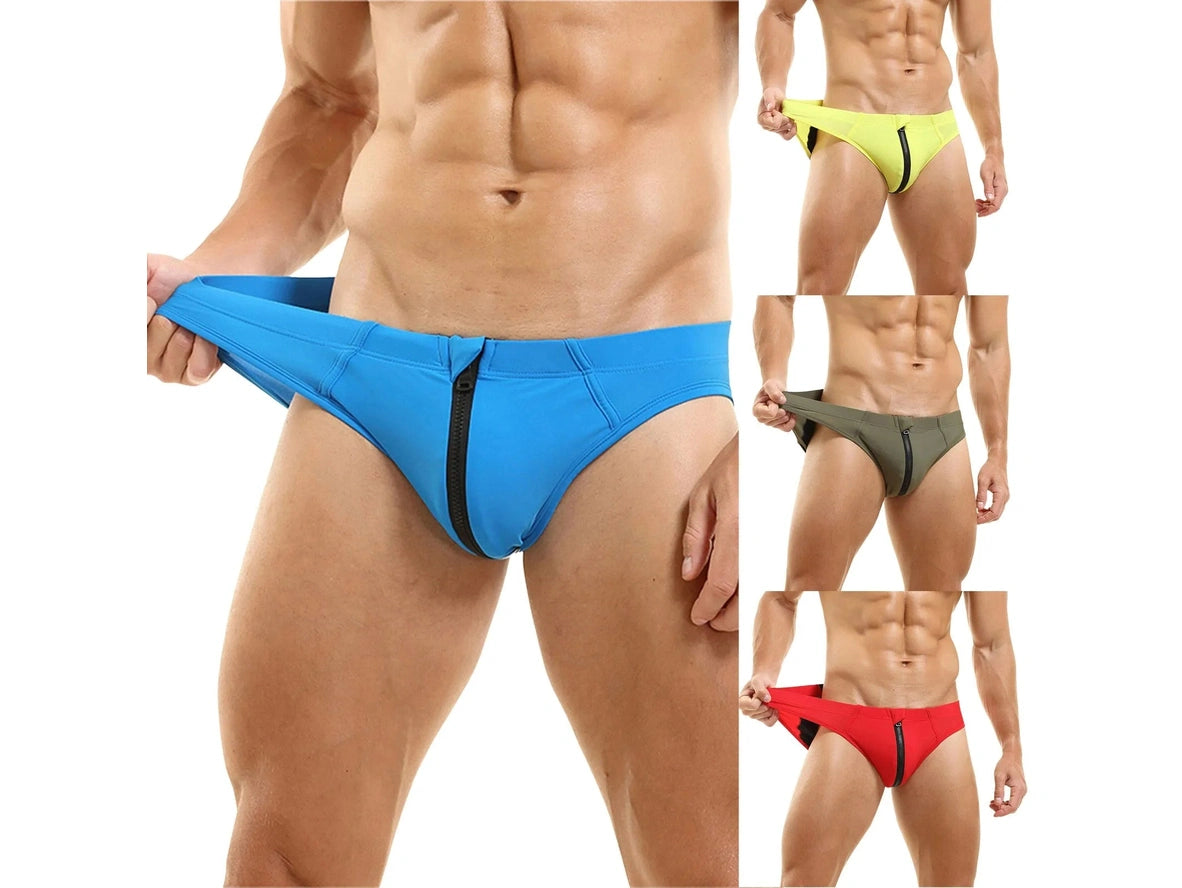 Men's swim briefs in four colors: blue, yellow, red, and olive