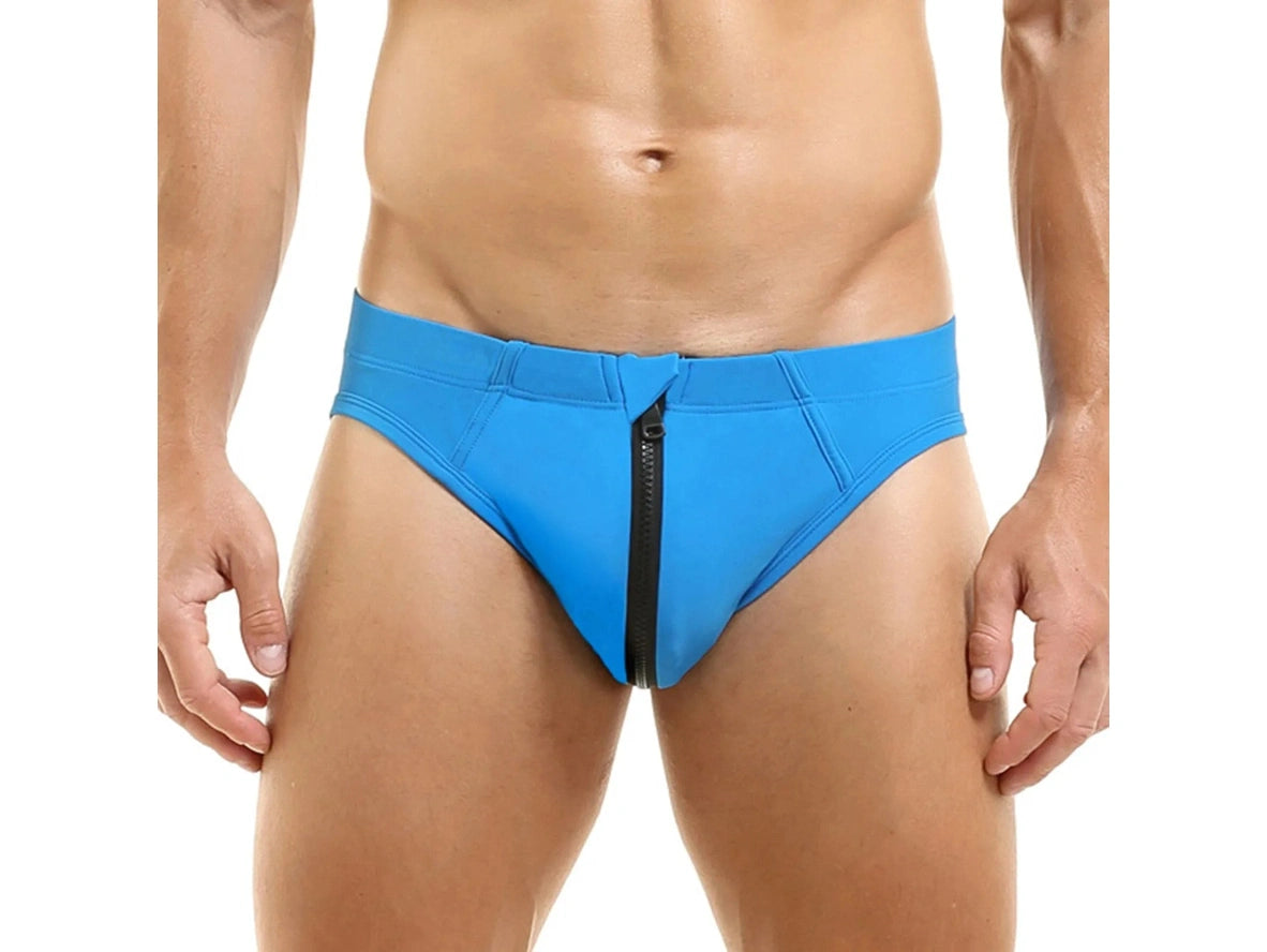 Blue solid color swim briefs featuring a black front zipper