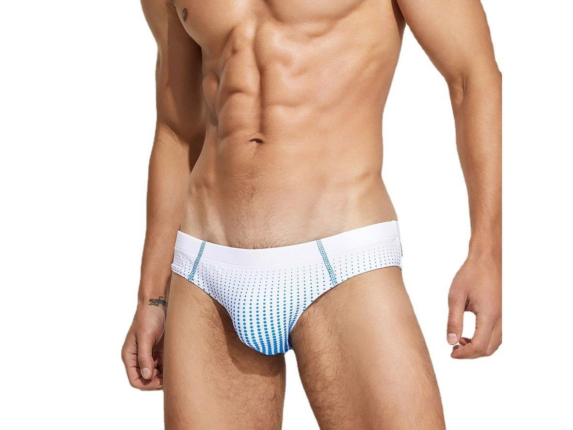 SEOBEAN men's gradient dot print swim briefs in blue with low-rise fit