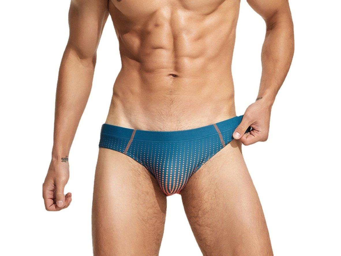 Teal to orange gradient dot print men's swim briefs with form-fitting cut
