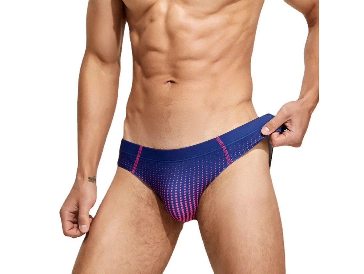 Blue to pink gradient dot swim briefs for men showing side seam detail