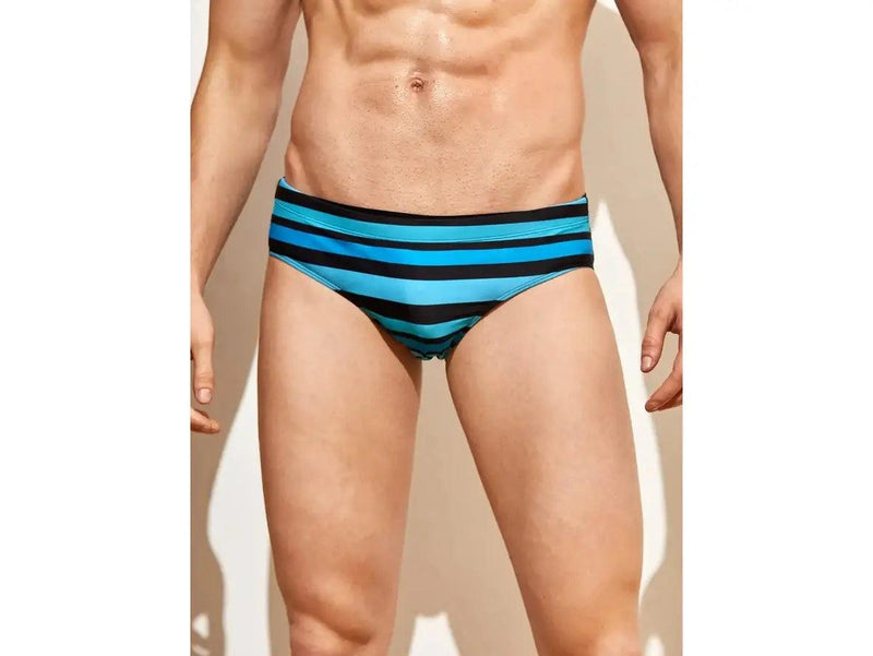 Black and blue striped men's swim briefs front view