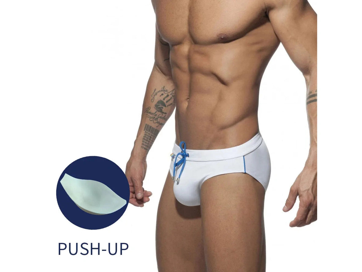 White push-up pad swim briefs for men with blue drawstring