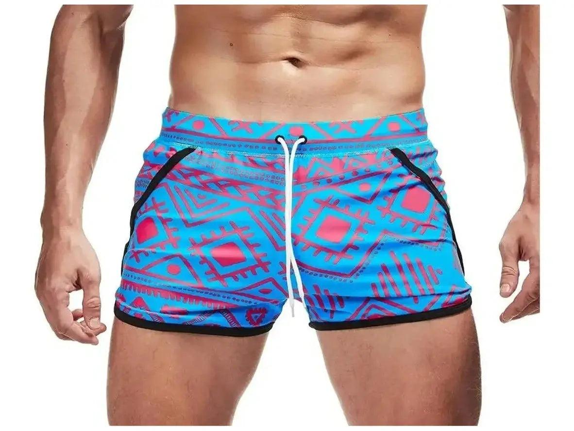 AIMPACT bright blue geometric pink and red print square cut swim shorts