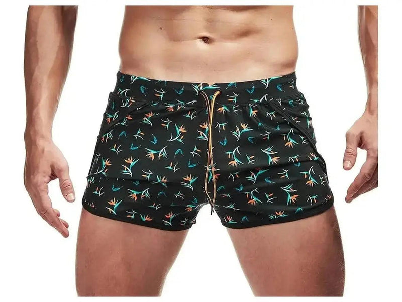 AIMPACT bright blue geometric pink and red print square cut swim shorts