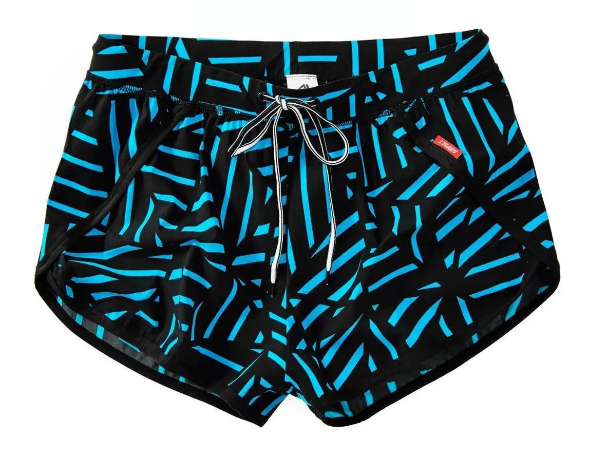 AIMPACT black cyan abstract line pattern swim shorts with J-Heaven tag detail