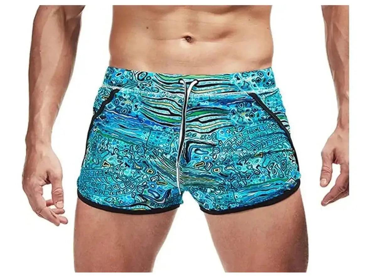 AIMPACT blue abstract wave pattern men's low-rise swim shorts with side splits