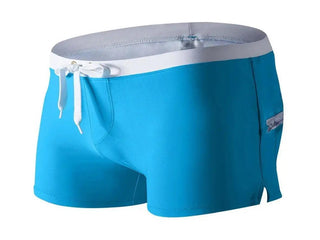 Gay Swim Shorts | Back Pocket Zipper Swim Shorts - Blue / S Waist 25-27"