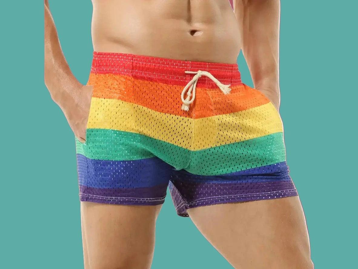 CHECK - Gay Swim Shorts | CLEVER-MENMODE Rainbow Mesh See Through Shorts