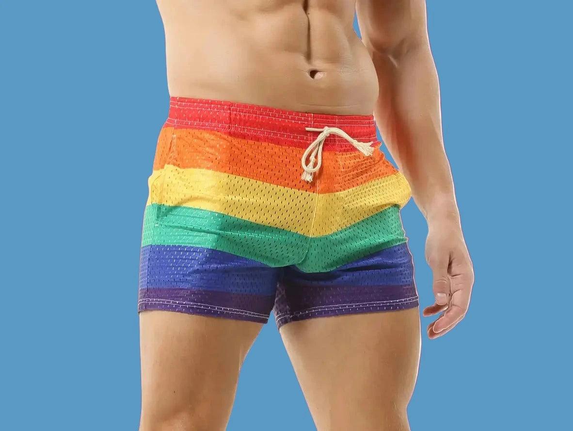 CHECK - Gay Swim Shorts | CLEVER-MENMODE Rainbow Mesh See Through Shorts