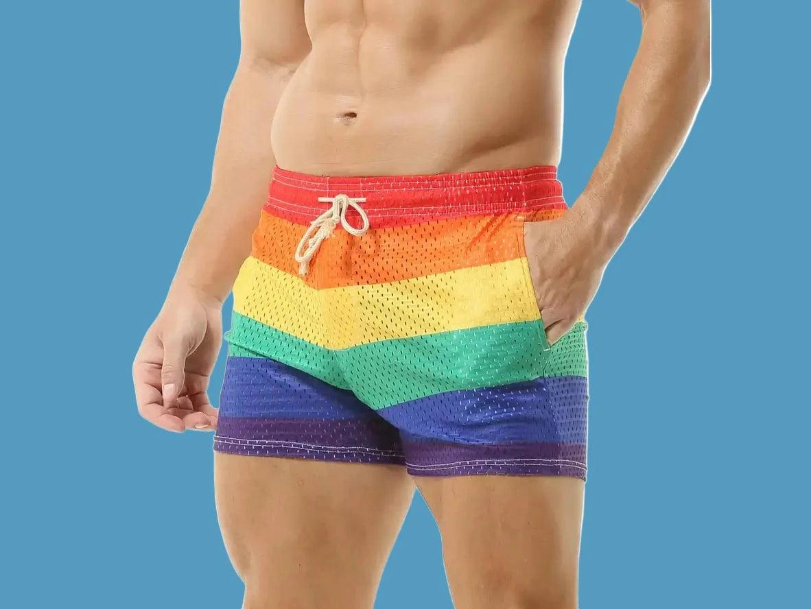 CHECK - Gay Swim Shorts | CLEVER-MENMODE Rainbow Mesh See Through Shorts