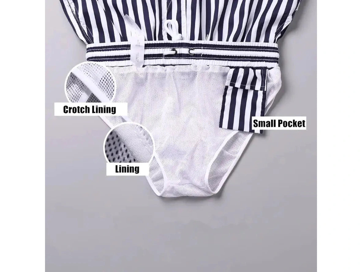 Close-up of white mesh crotch lining in DESMIIT striped swim shorts