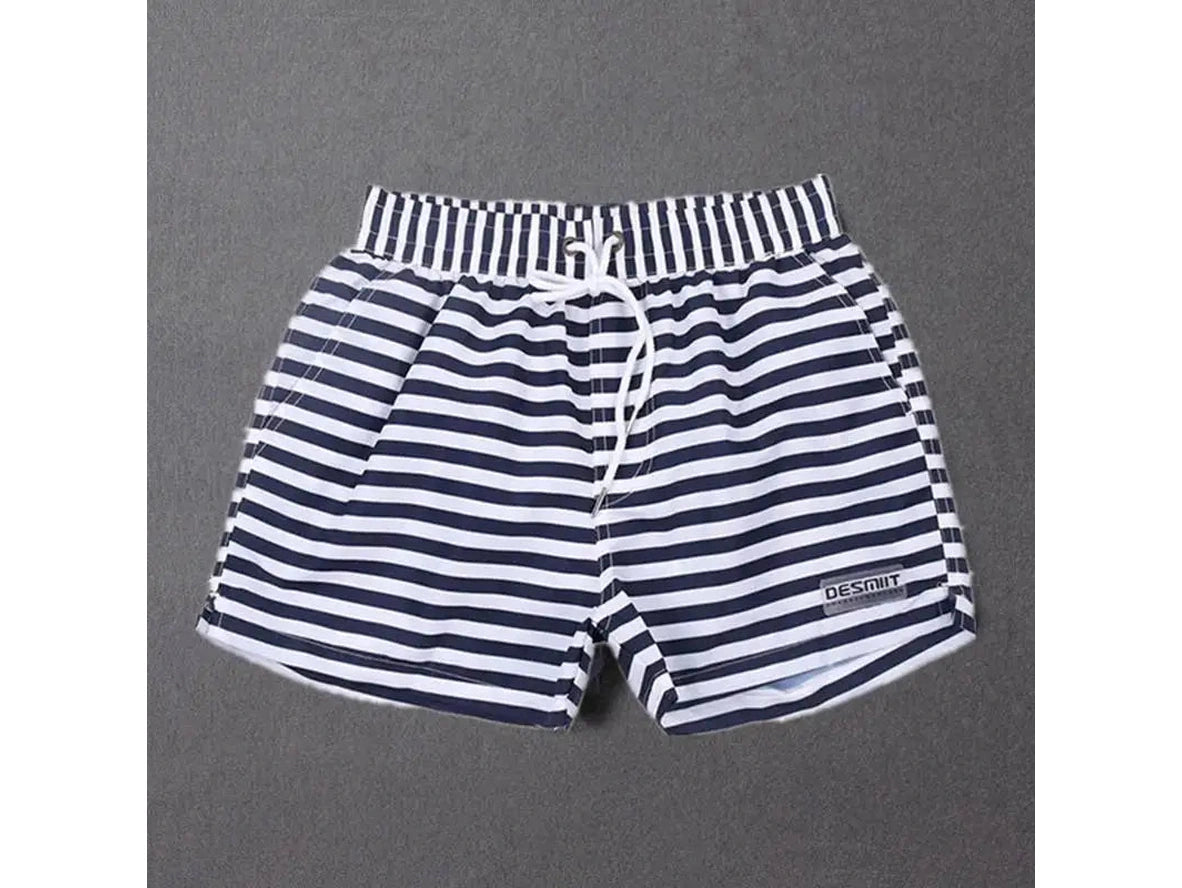 DESMIIT men's horizontal striped swim shorts showing fabric drape