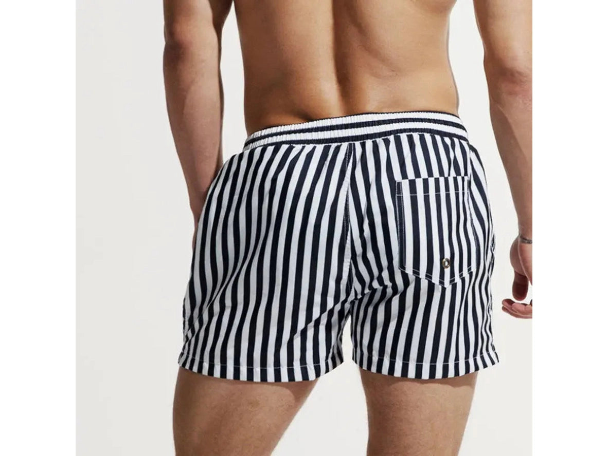 Men's back view of DESMIIT striped swim shorts with rear pocket