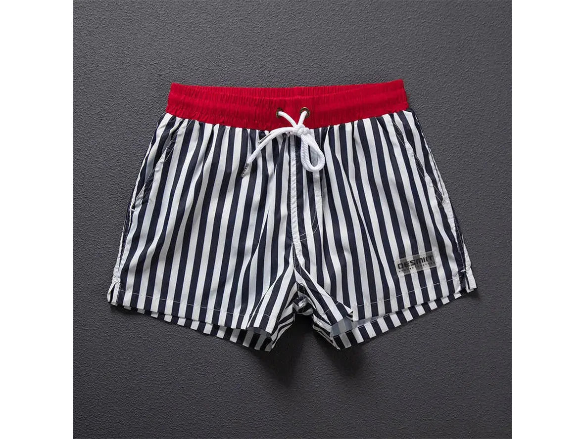 DESMIIT men's navy and white striped swim shorts with red waistband