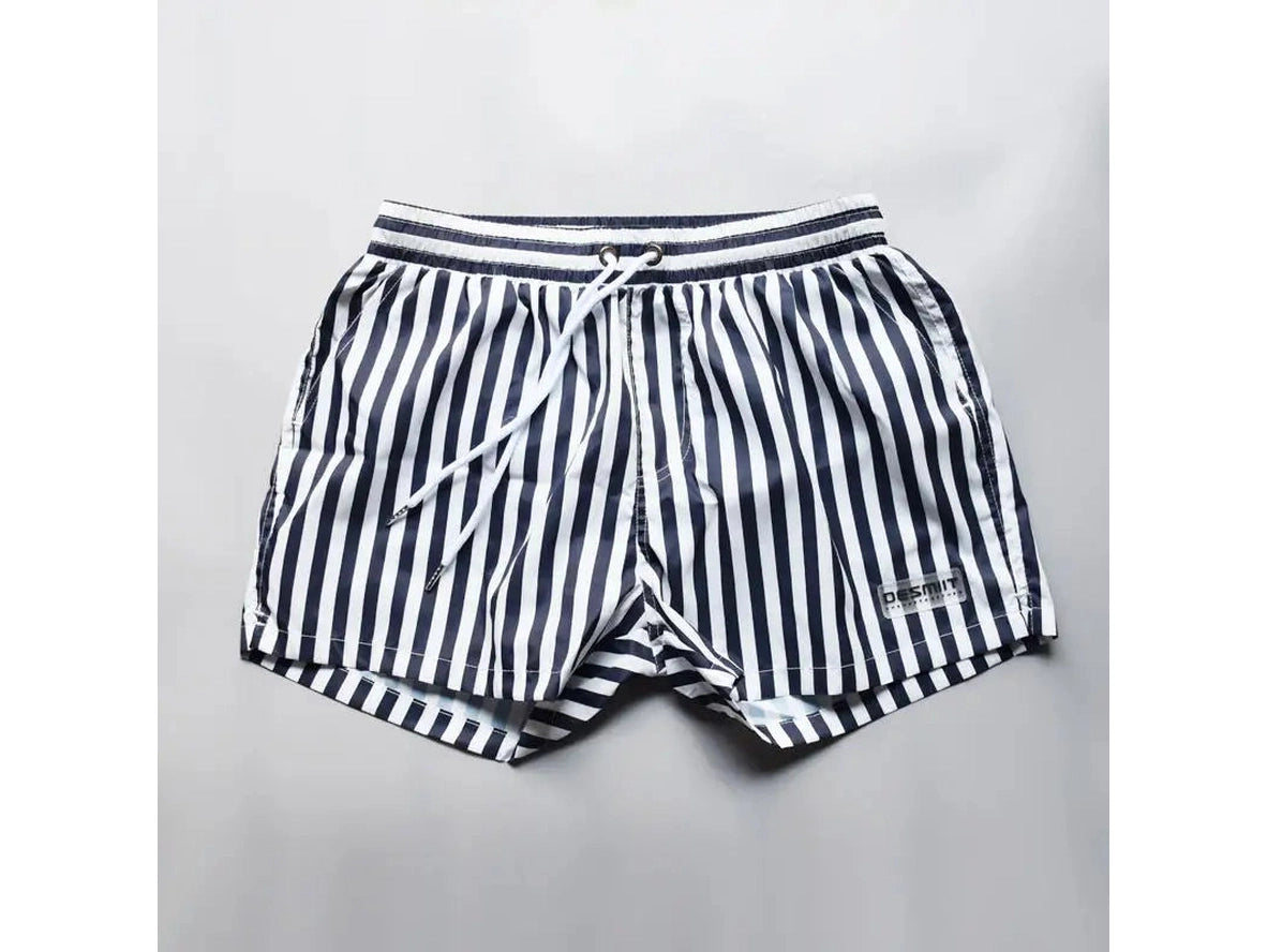 DESMIIT men's navy stripe swim shorts with drawstring and eyelets