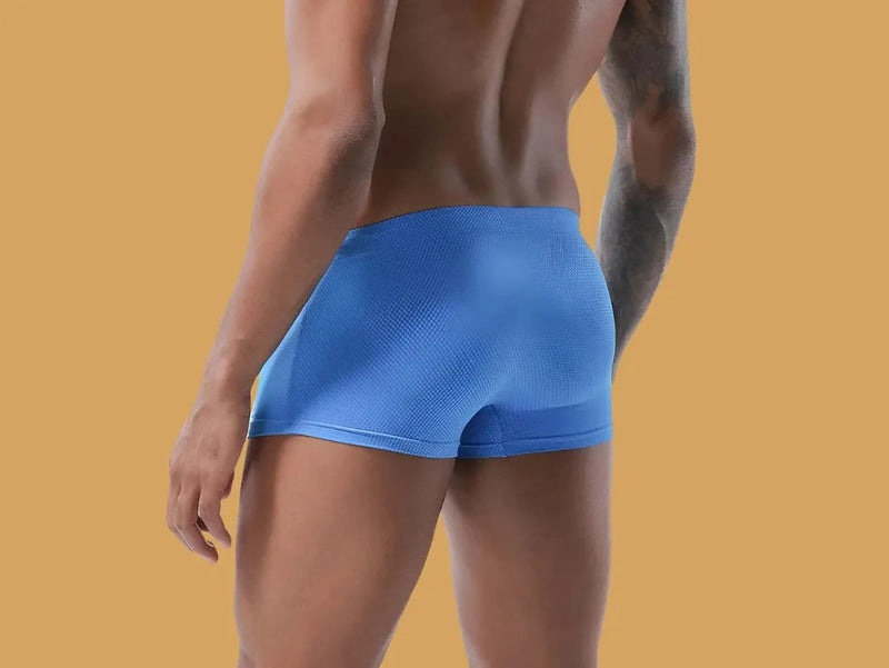 Heather gray low-rise men's swim trunks with fine textured mesh pattern