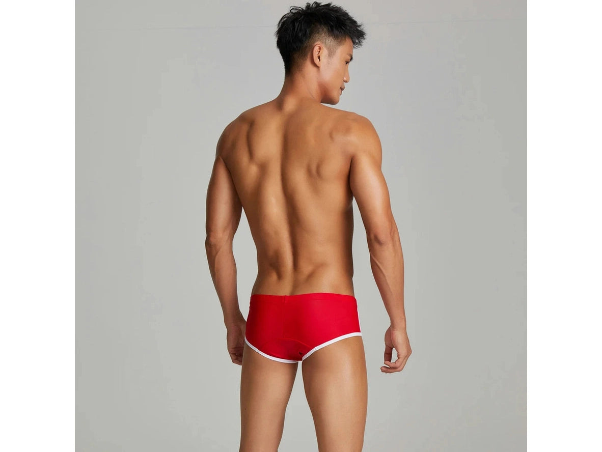 Red SEOBEAN ultra low-rise swim trunks with white trim back view