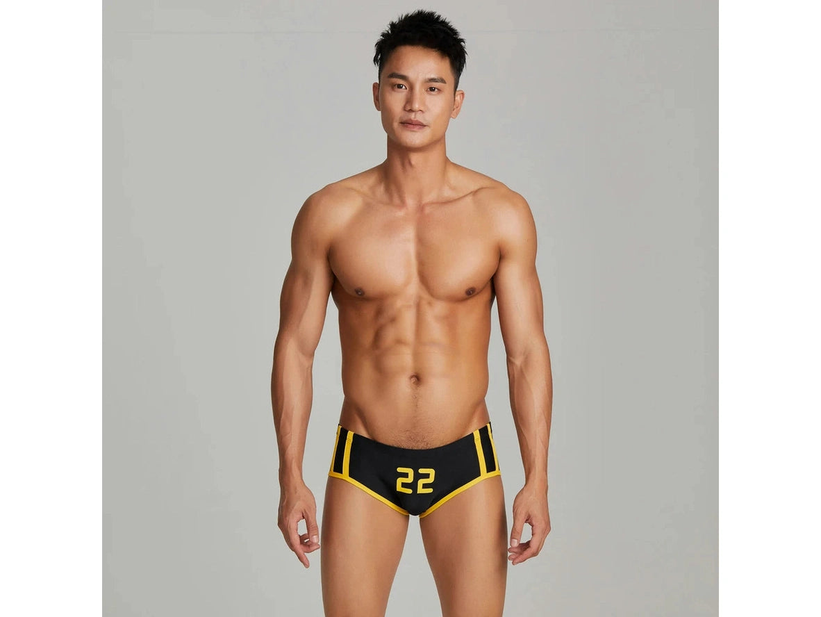 SEOBEAN black ultra low-rise swim trunks with yellow stripes and number 22
