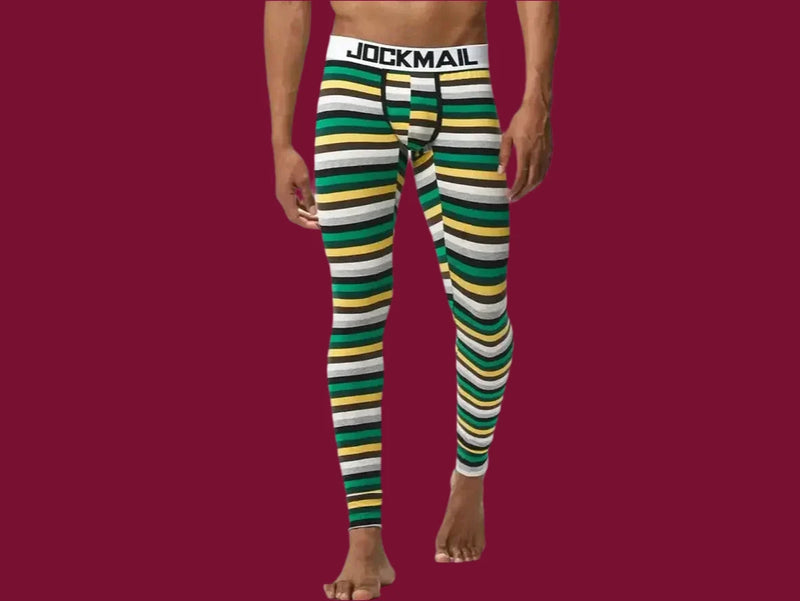 Men's JOCKMAIL green and yellow stripe thermal underwear front pouch detail