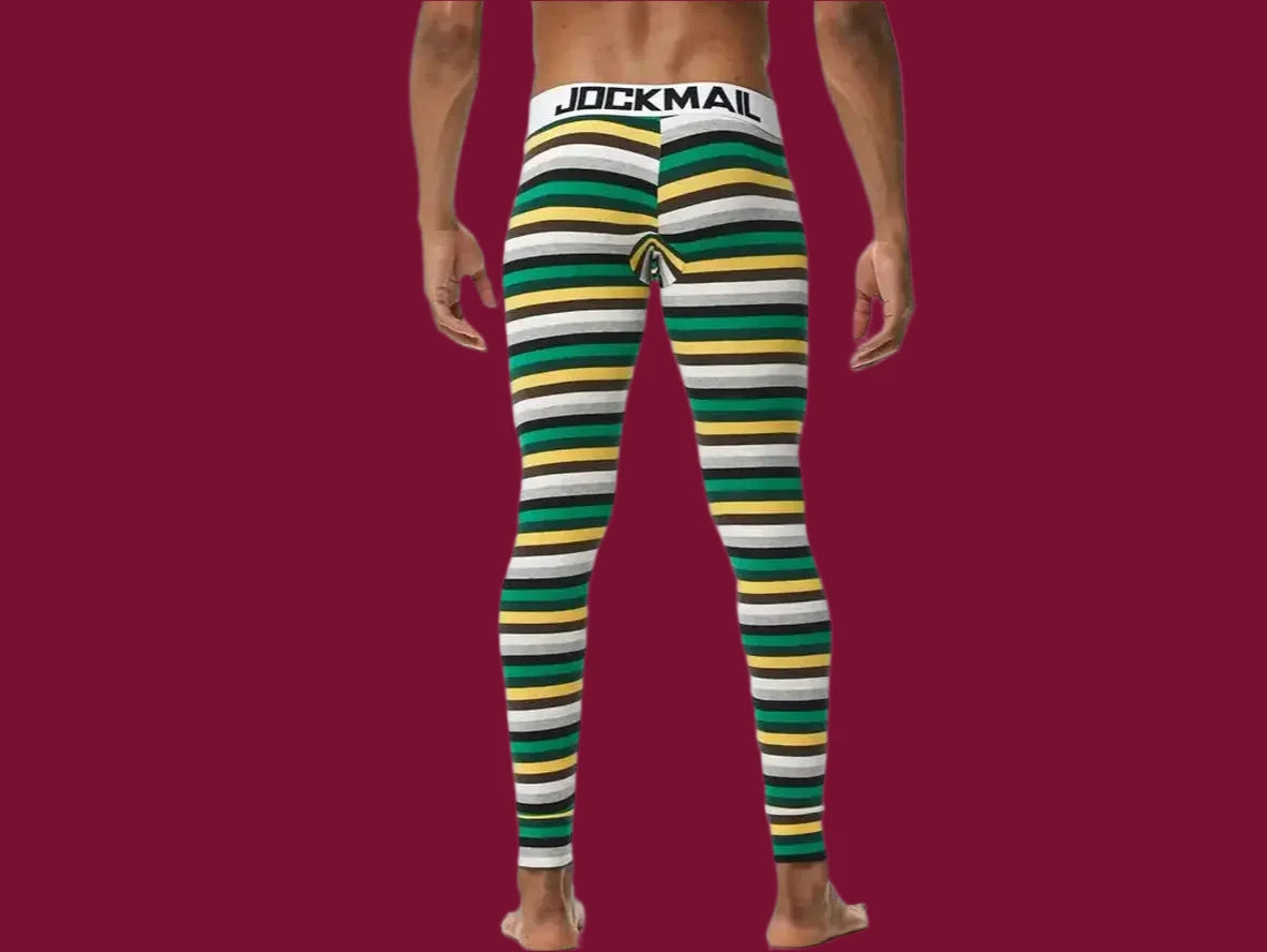 JOCKMAIL men's yellow striped thermal leggings back view with logo waistband