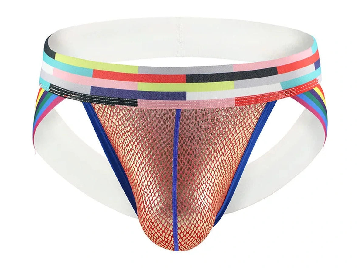 Men's orange-red fishnet jockstrap with patchwork waistband and blue seam