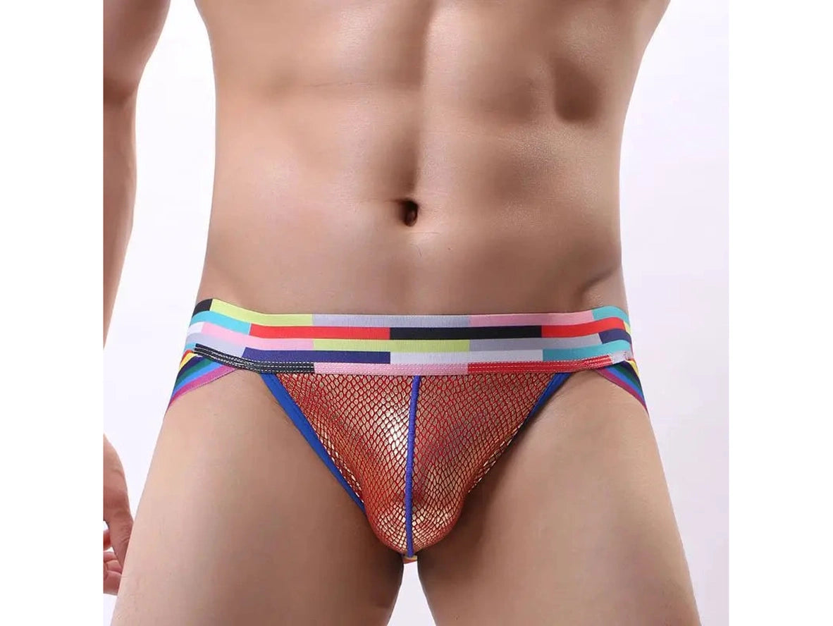 Men's orange-red mesh jockstrap front fit showing low-rise coverage and rainbow straps