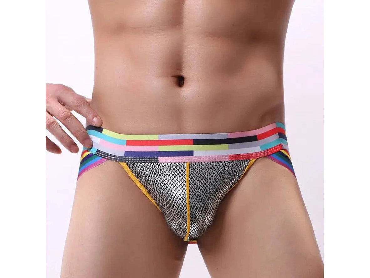 Men's low-rise jockstrap hip fit view with rainbow straps and silver diamond mesh