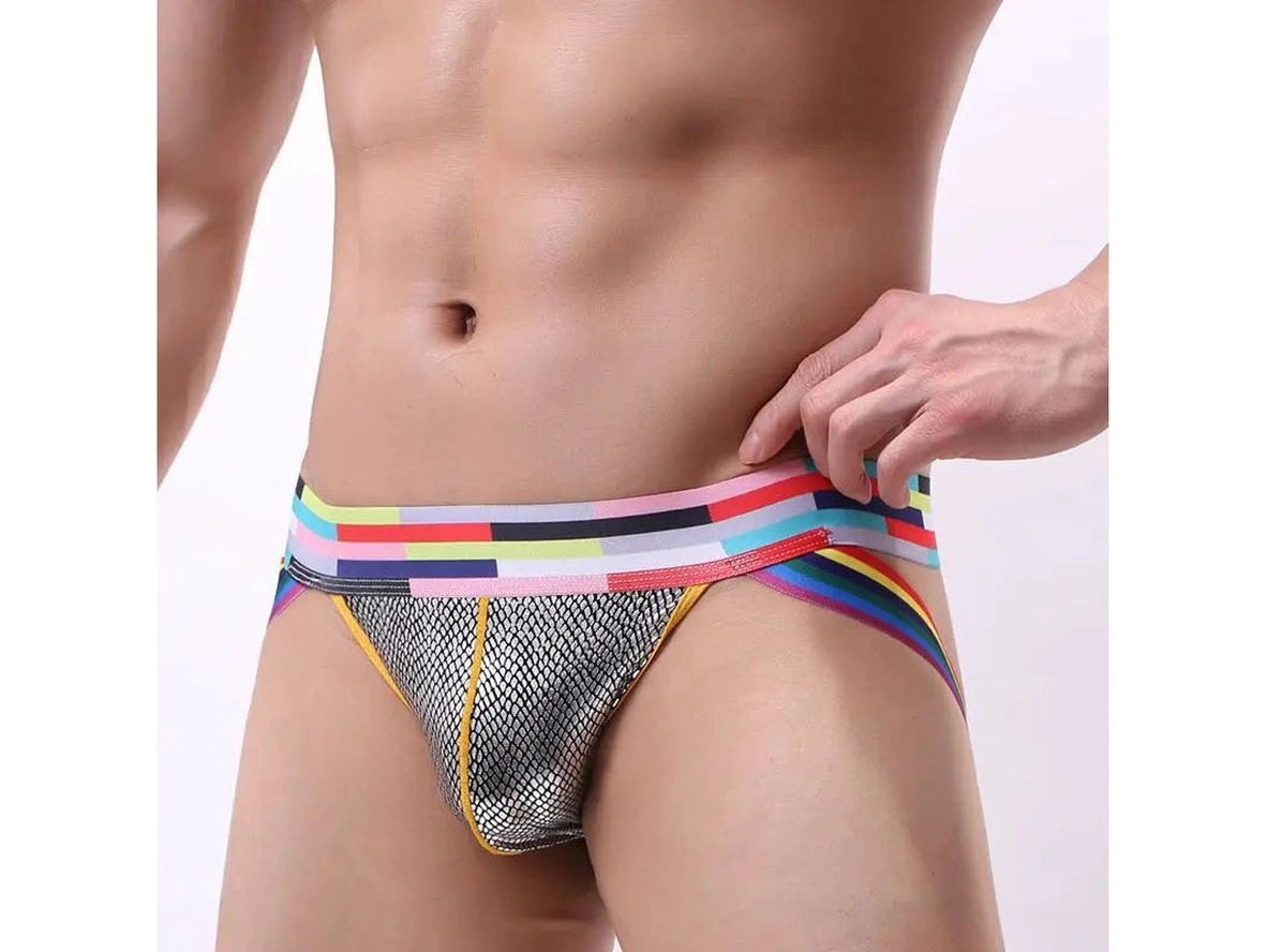 Low-rise men's jockstrap fit on model showing rainbow side straps and silver mesh