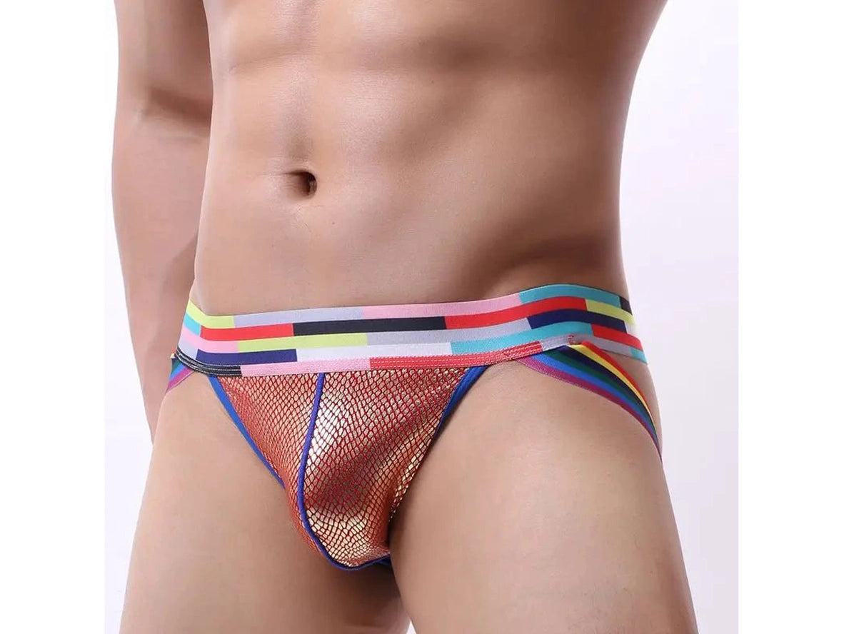 Men's gold fishnet jockstrap with multicolor patchwork waistband and blue trim