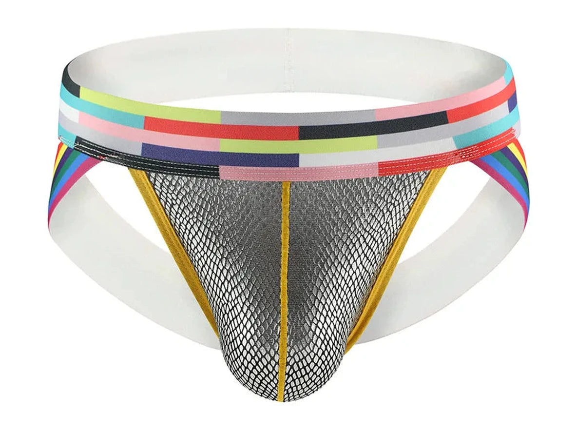 Men's rainbow strap jockstrap with patchwork waistband and silver diamond mesh