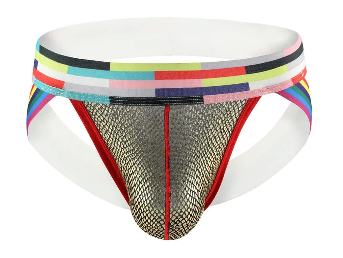 Flat-lay of men's gold fishnet jockstrap highlighting red trim and patchwork waistband