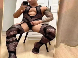 Midnight Mesh – Sexy Cutout Gay Bodystockings - Style B - Black / One Size Weight 88-177lbs