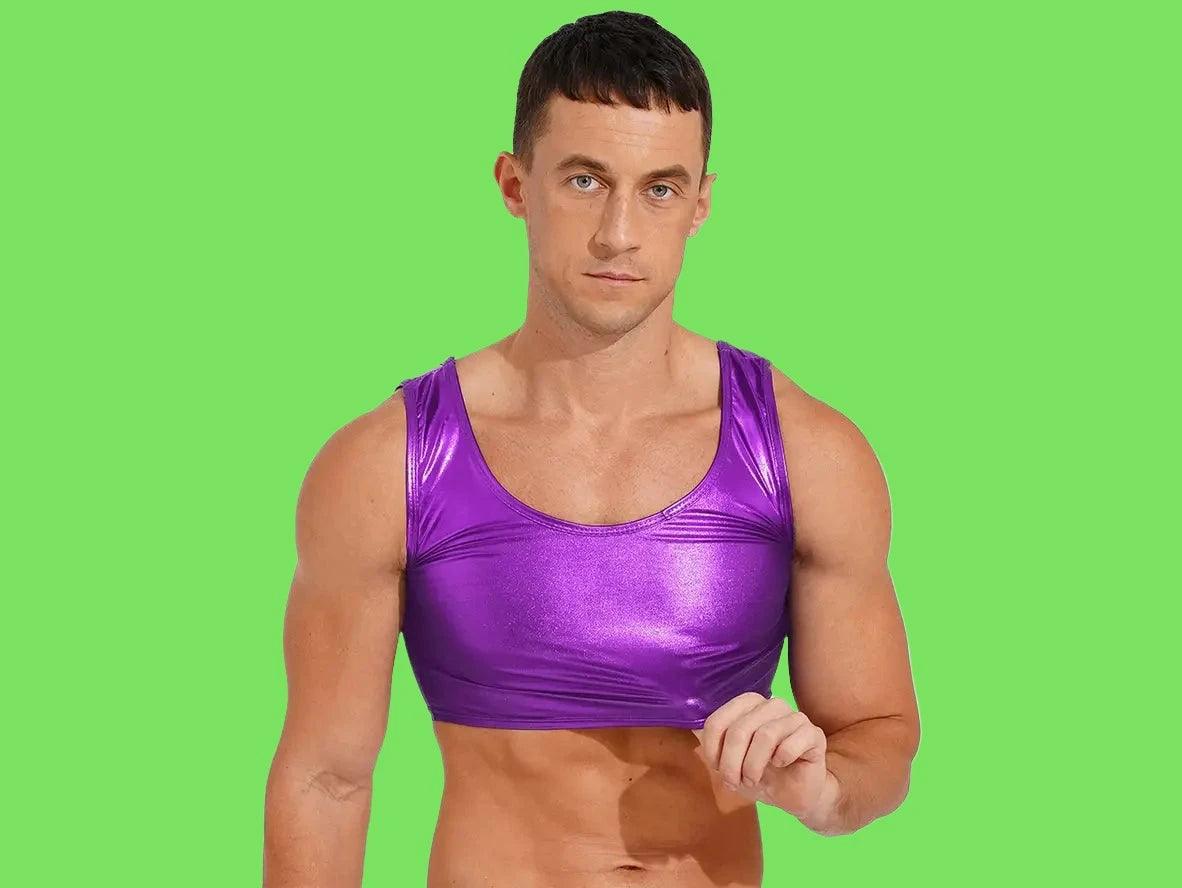 Purple metallic crop top for men wide scoop neckline