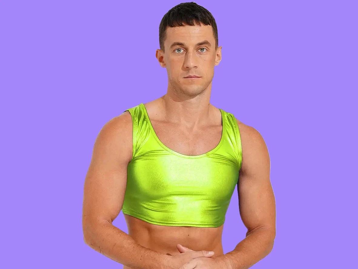 Lime green metallic crop top for men low-rise fit