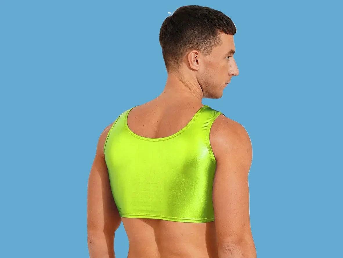 Back view of lime green metallic crop top for men smooth fabric
