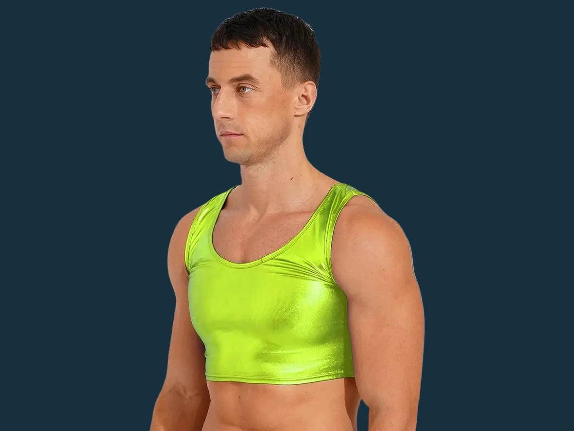 Neon green metallic crop top for men side profile view