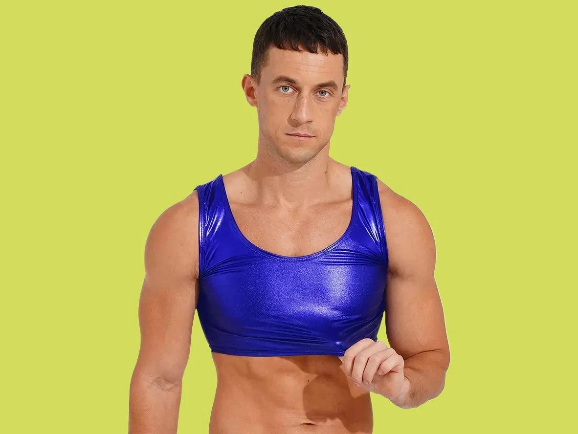 Royal blue metallic crop top for men with scoop neck