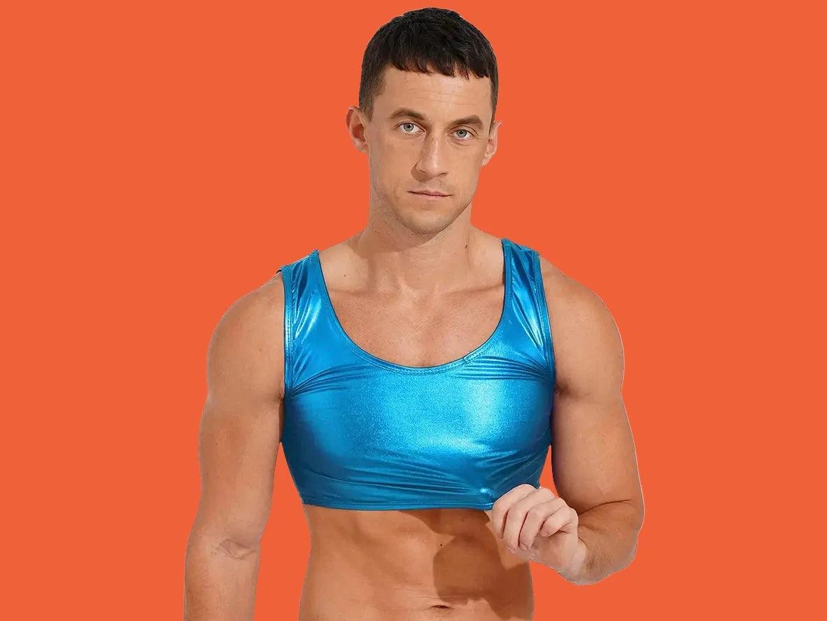 Blue metallic crop top for men reflective surface low-rise