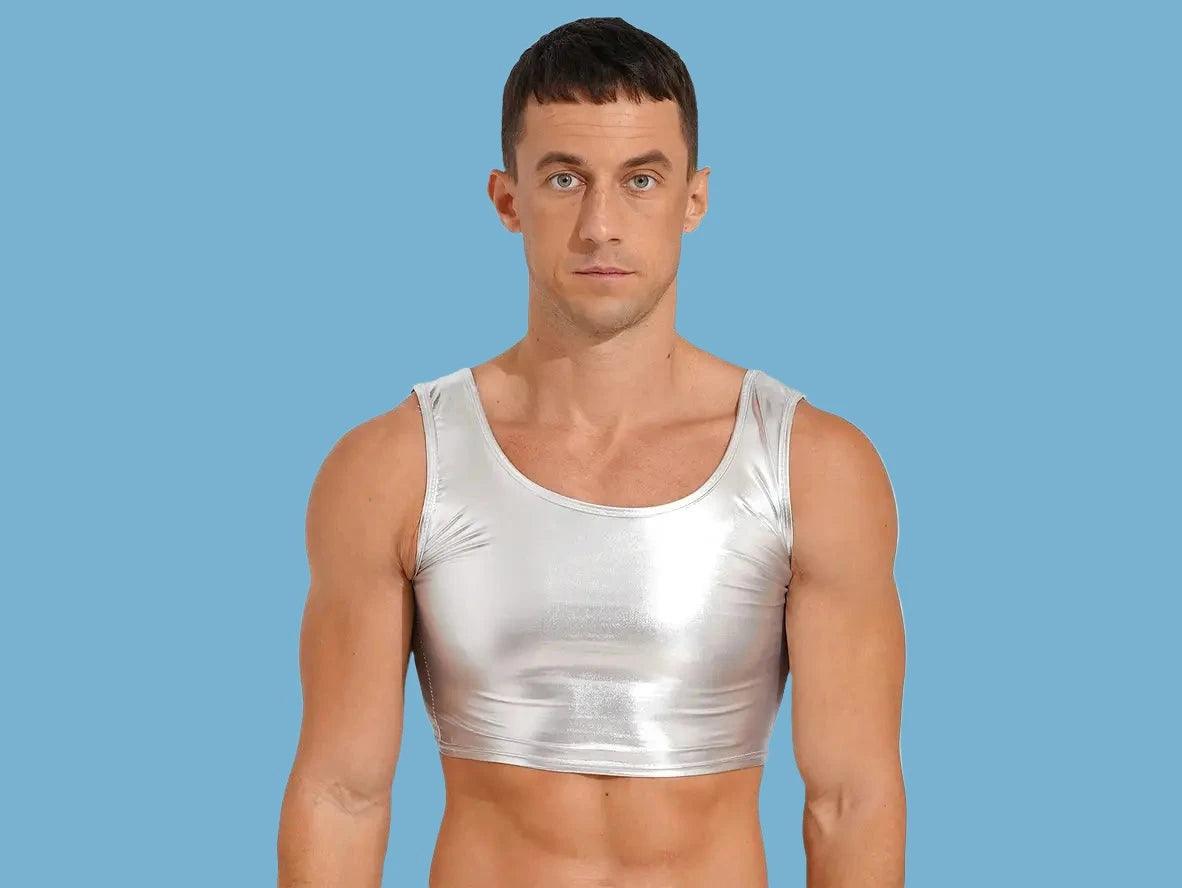 Silver metallic sleeveless crop top for men high-luster finish