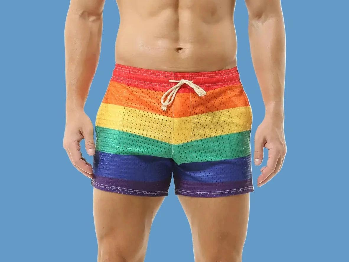 CHECK - Gay Swim Shorts | CLEVER-MENMODE Rainbow Mesh See Through Shorts