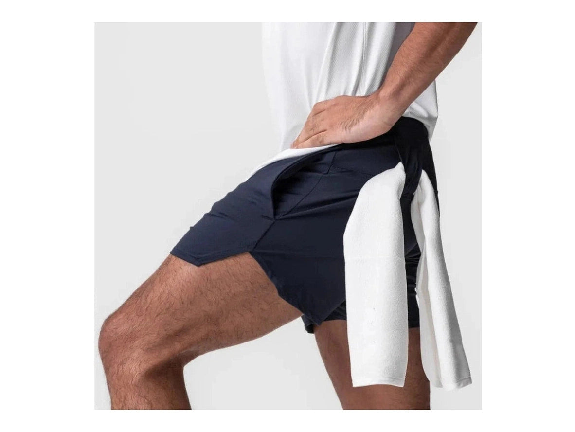 Navy blue high-rise athletic shorts with side pocket and towel styling