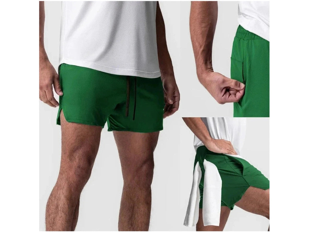 Green athletic shorts composite showing zippered pocket and layered fit