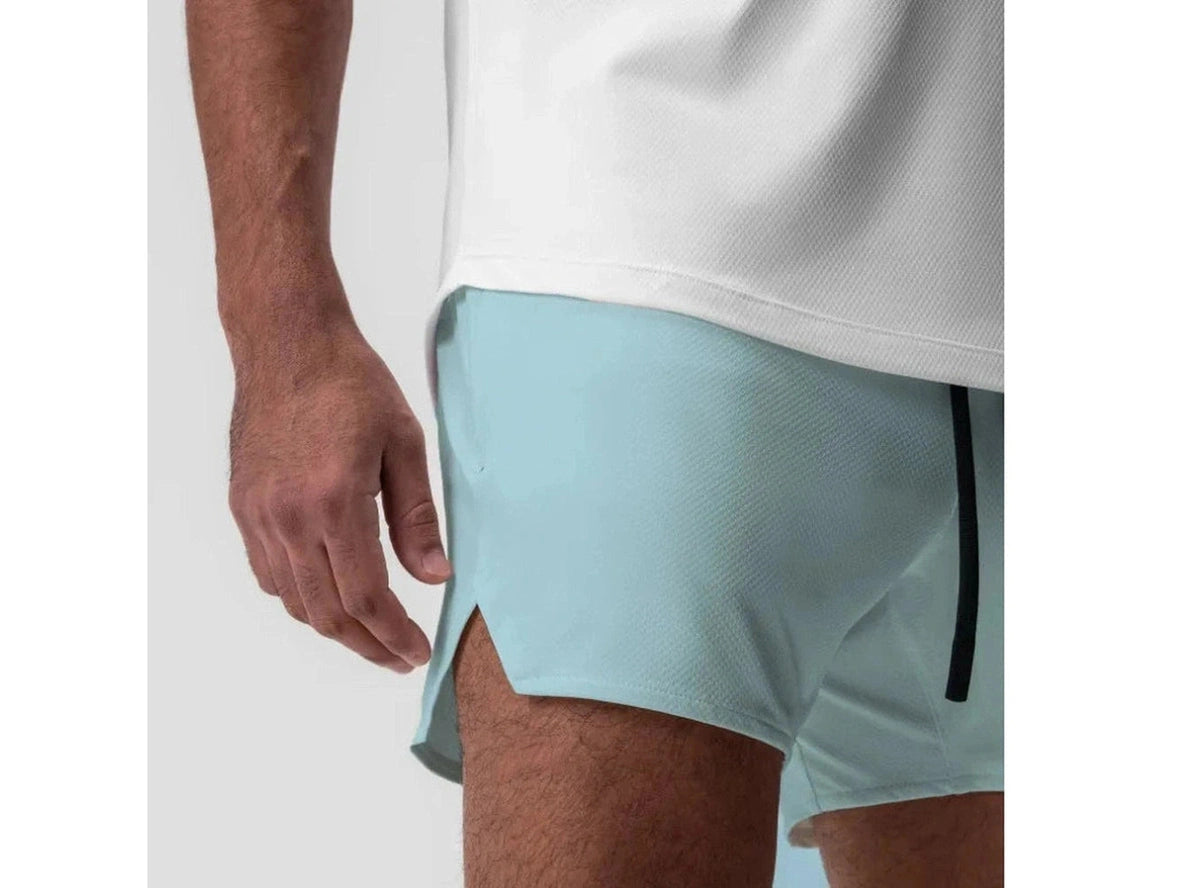 Light blue athletic shorts with black stripe and textured lightweight fabric