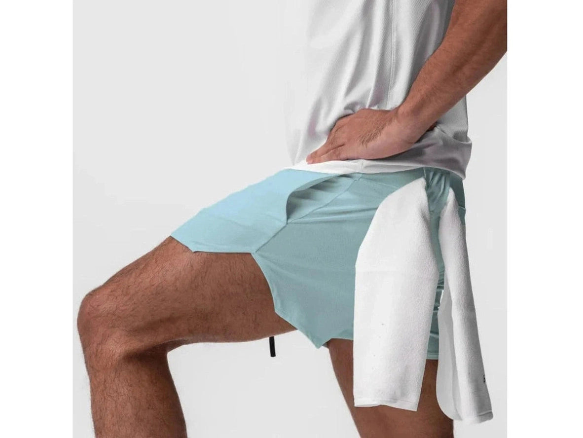 Light blue layered design gym shorts with side slit and towel accent
