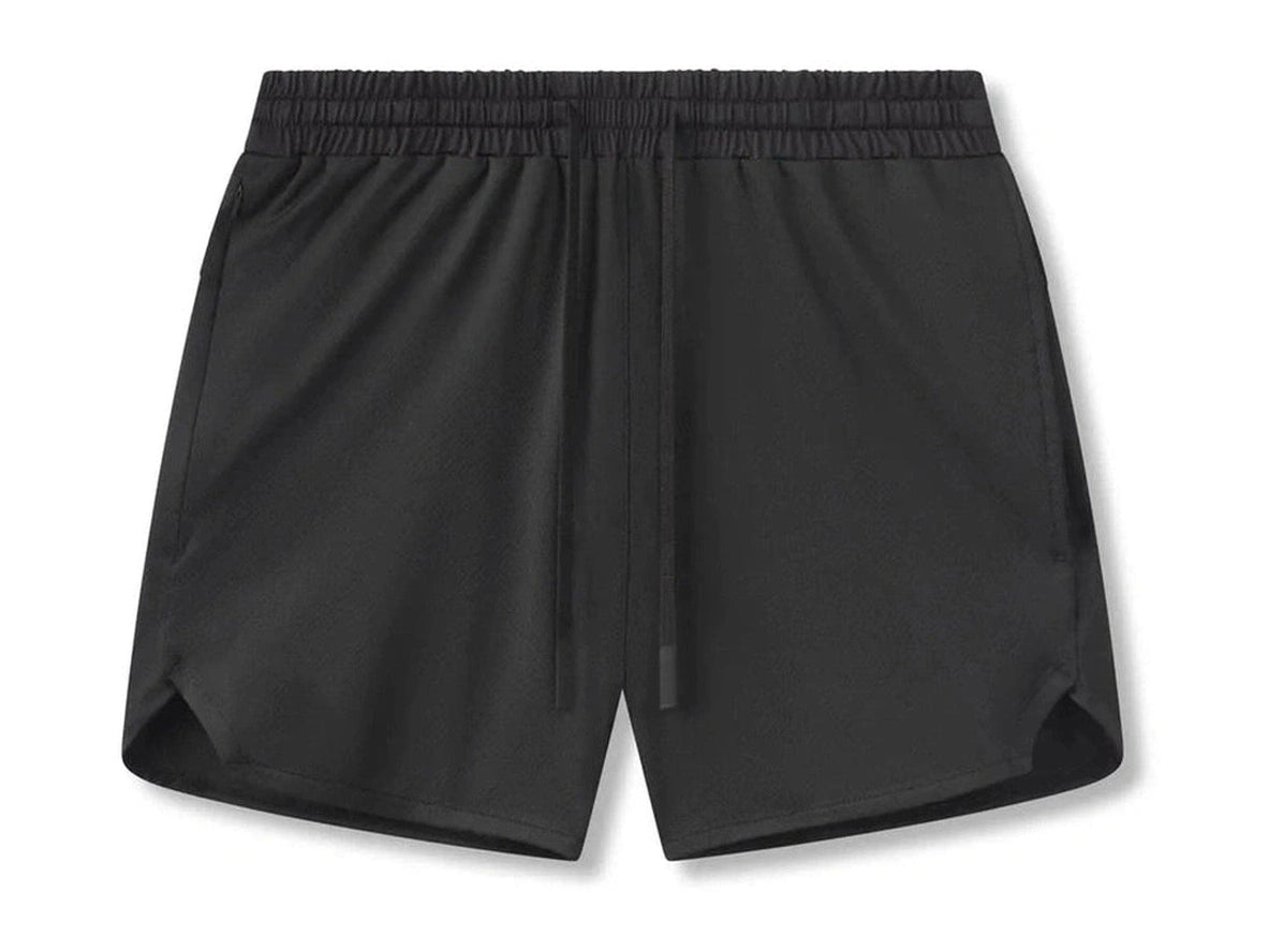 Black men's gym shorts flat lay showing elastic waistband and drawstrings