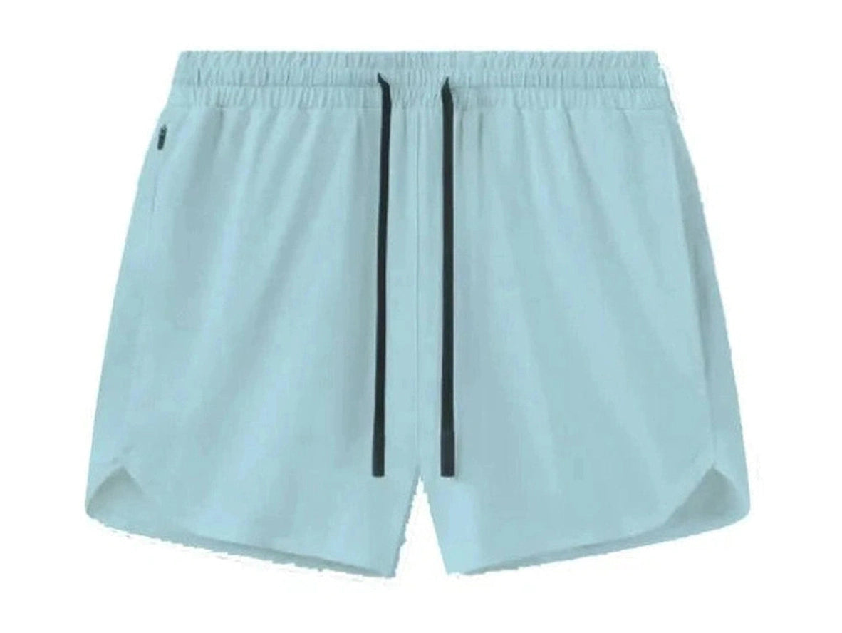 Light blue gym shorts with zipper pocket and relaxed fit