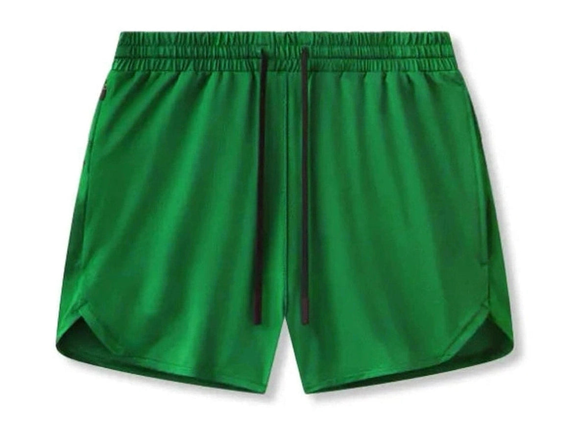 Green men's gym shorts flat lay with smooth fabric and side slits