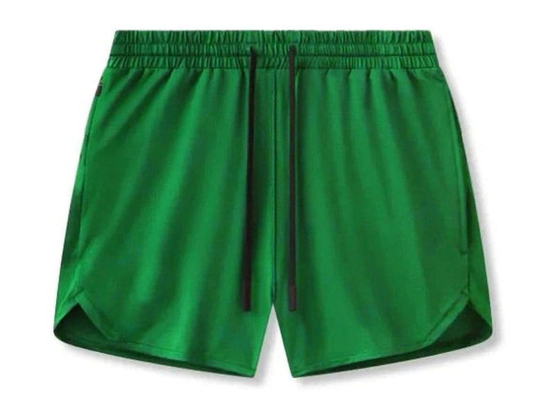 Green athletic shorts composite showing zippered pocket and layered fit