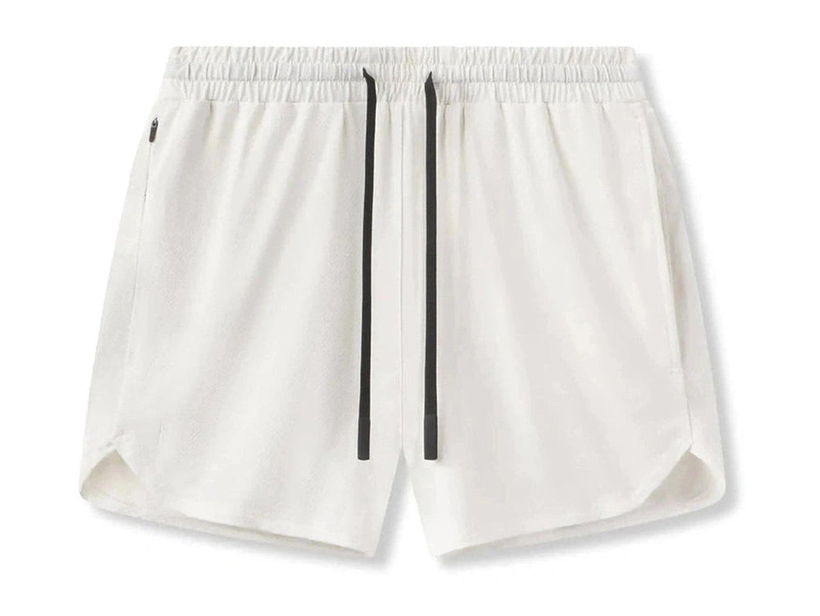 White men's athletic shorts flat lay with dual drawstrings and zipper